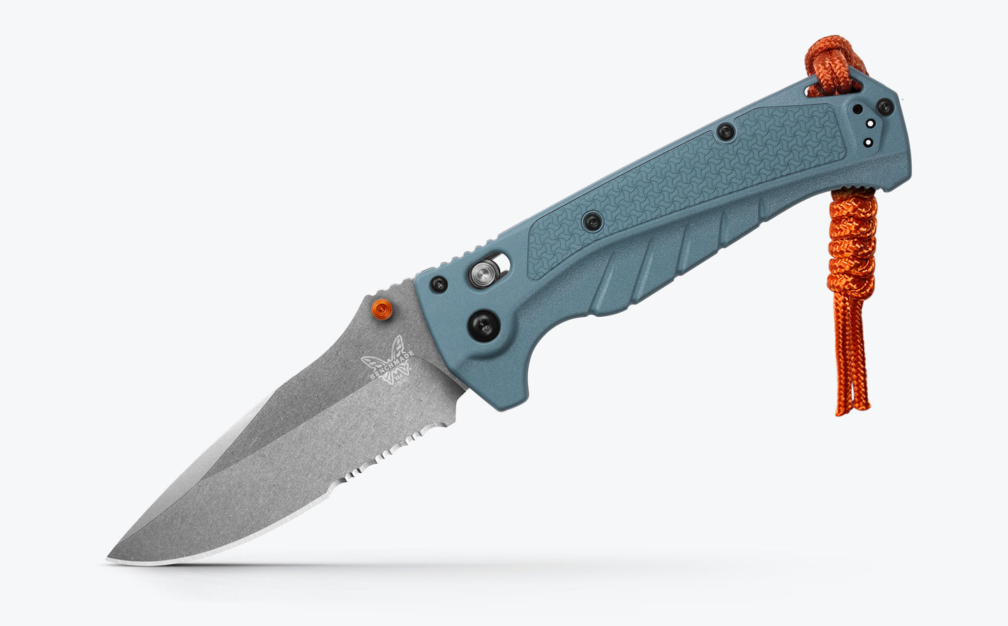 Benchmade 18060S Adira 3.88 inch CPM-MagnaCut stonewash partially serrated drop point blade detail — ClassicBlades