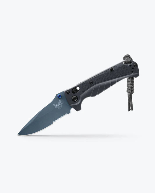 Benchmade 18065SBT-01 Mini Adira folding knife with tempest gray Grivory handle and blue Cerakote blade