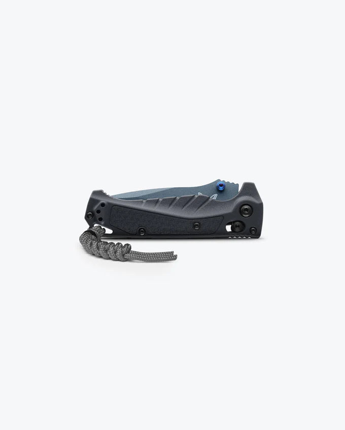 Benchmade 18065SBT-01 Mini Adira closed showing deep-carry clip and charcoal gray paracord lanyard