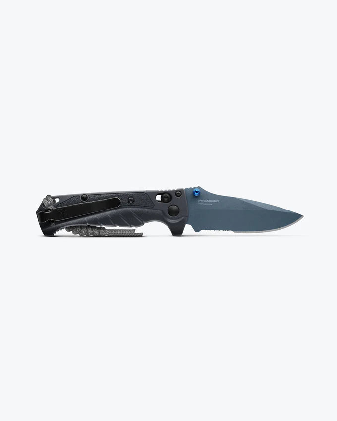 Benchmade Mini Adira 18065SBT-01 3.21 inch CPM-MagnaCut blue Cerakote partially serrated drop-point blade detail
