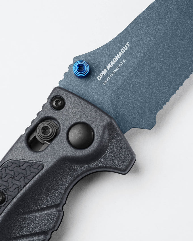 Benchmade 18065SBT-01 Mini Adira tempest gray Grivory handle with sapphire blue PVD hardware and lanyard