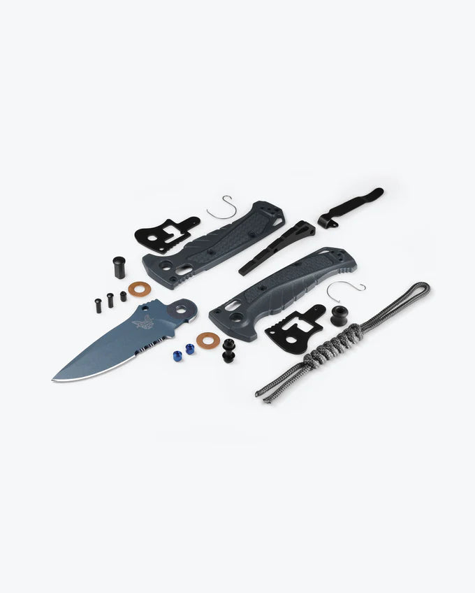 Benchmade 18065SBT-01 Mini Adira tempest gray Grivory handle with sapphire blue PVD hardware and lanyard
