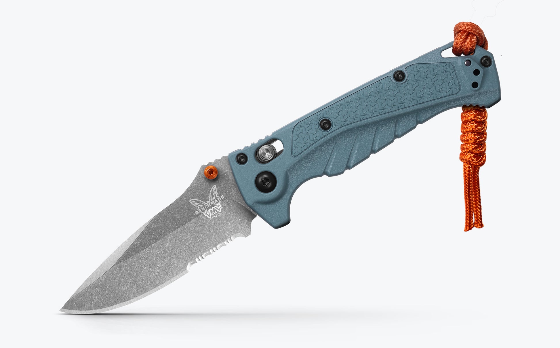 Benchmade 18065S Mini Adira 3.21 inch CPM-MagnaCut stonewash partially serrated drop point blade detail — ClassicBlades