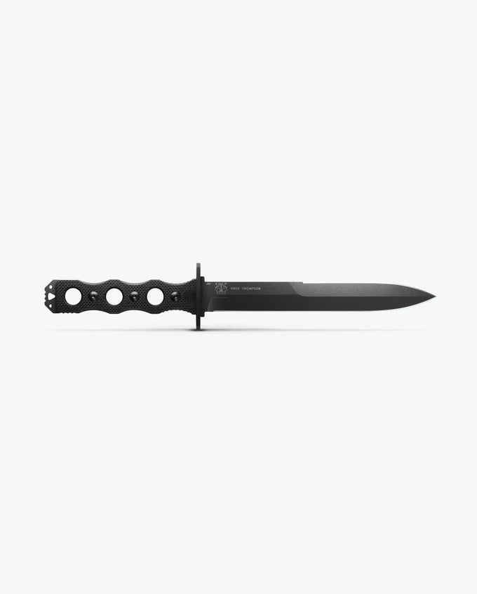 Benchmade 185BK SOCP Fixed Blade black G10 handle showing weight-reducing cutouts and lanyard hole — ClassicBlades
