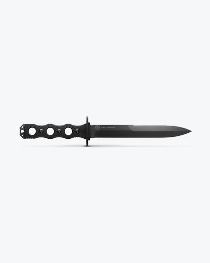 Benchmade 185BK SOCP Fixed Blade black G10 handle showing weight-reducing cutouts and lanyard hole — ClassicBlades