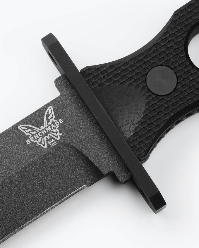 Benchmade 185BK SOCP Fixed Blade 7.11 inch CPM-3V Cobalt Black Cerakote double edge dagger blade detail — ClassicBlades