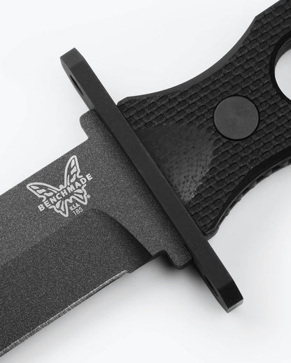 Benchmade 185BK SOCP Fixed Blade 7.11 inch CPM-3V Cobalt Black Cerakote double edge dagger blade detail — ClassicBlades
