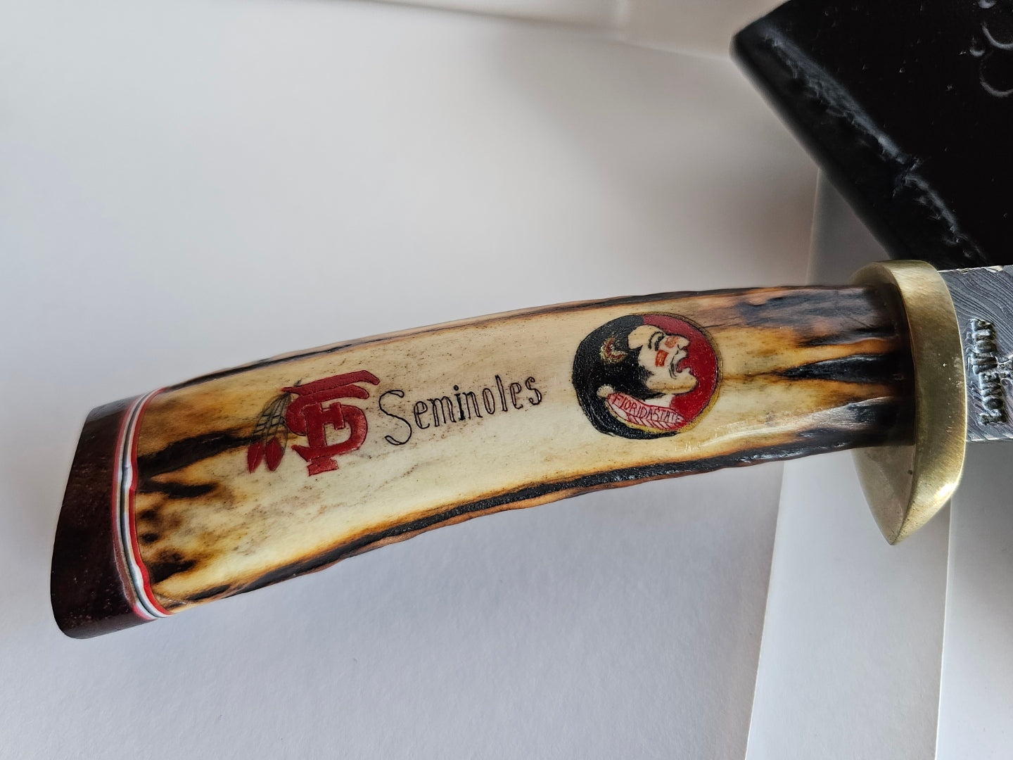 J.A. Lonewolf Custom Made Damascus Blade Knife Scrimshaw Handle Florida State Seminoles