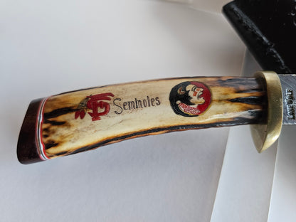 J.A. Lonewolf Custom Made Damascus Blade Knife Scrimshaw Handle Florida State Seminoles