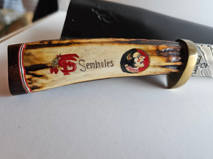 J.A. Lonewolf Custom Made Damascus Blade Knife Scrimshaw Handle Florida State Seminoles