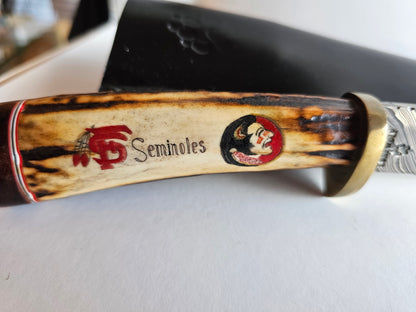 J.A. Lonewolf Custom Made Damascus Blade Knife Scrimshaw Handle Florida State Seminoles