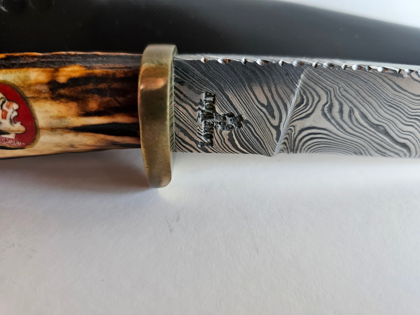 J.A. Lonewolf Custom Made Damascus Blade Knife Scrimshaw Handle Florida State Seminoles