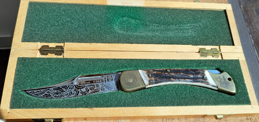 Vintage Puma Solingen Germany 1769 Anno 200th Anniversary Gold Etch Large Lockback Knife Serial #609 in Original Wood Box c.1969