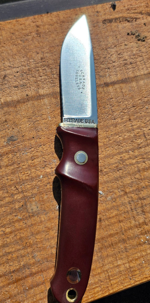 Vintage Schrade - Loveless Hunter # RL-2 Burgundy Delrin handles with Brass Guard #3902 Drop Point