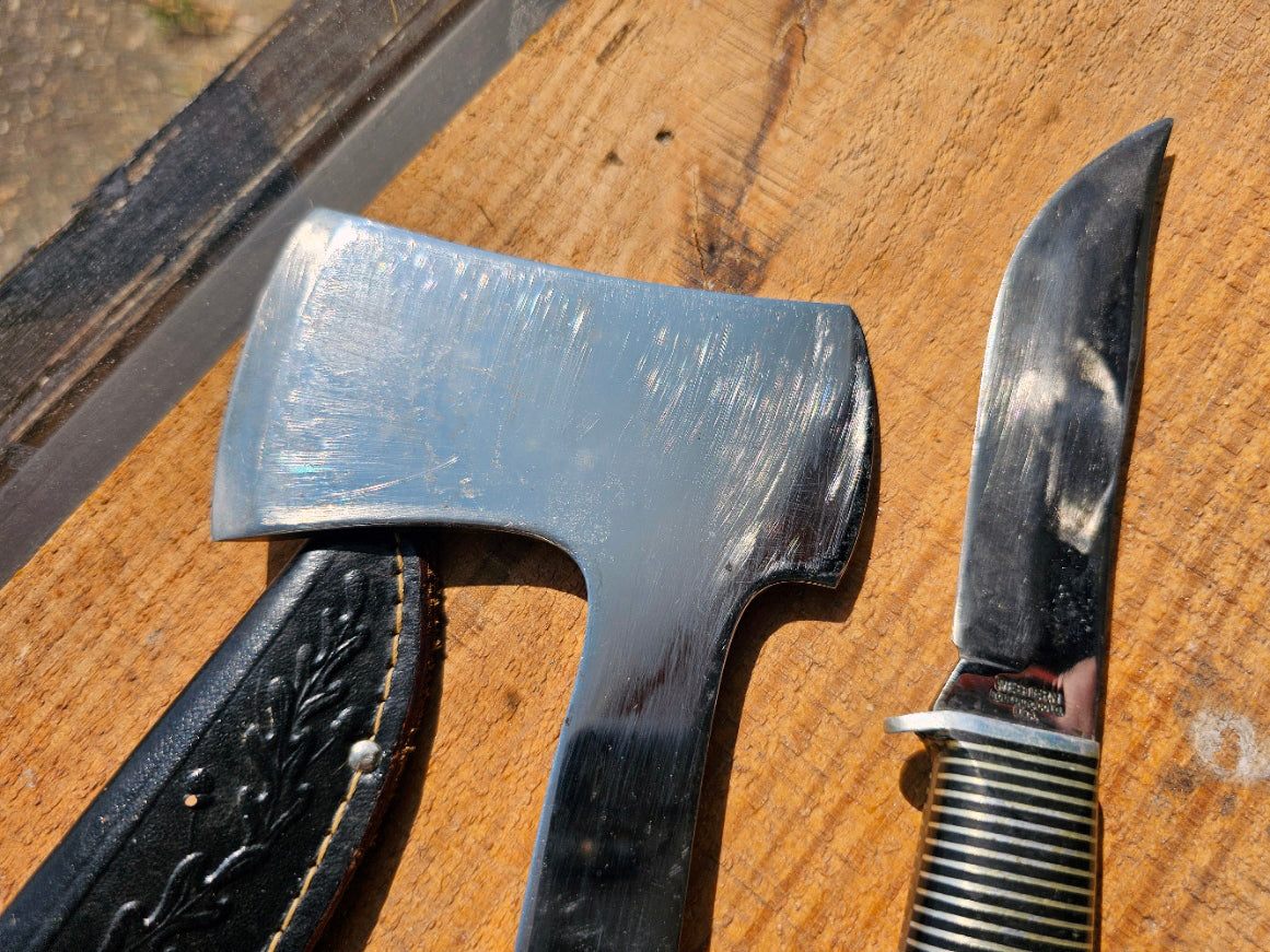 Vintage Western Boulder Co Black Beauty Fixed Blade and Hatchet with Original Combo Sheath