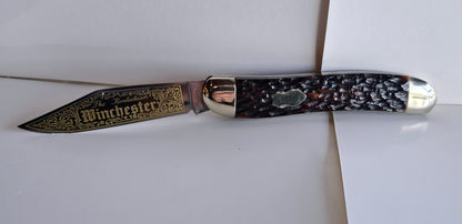 Vintage 1970s Winchester The Kentuckian Single Blade Jigged Bone Gold Etched Knife Germany Made