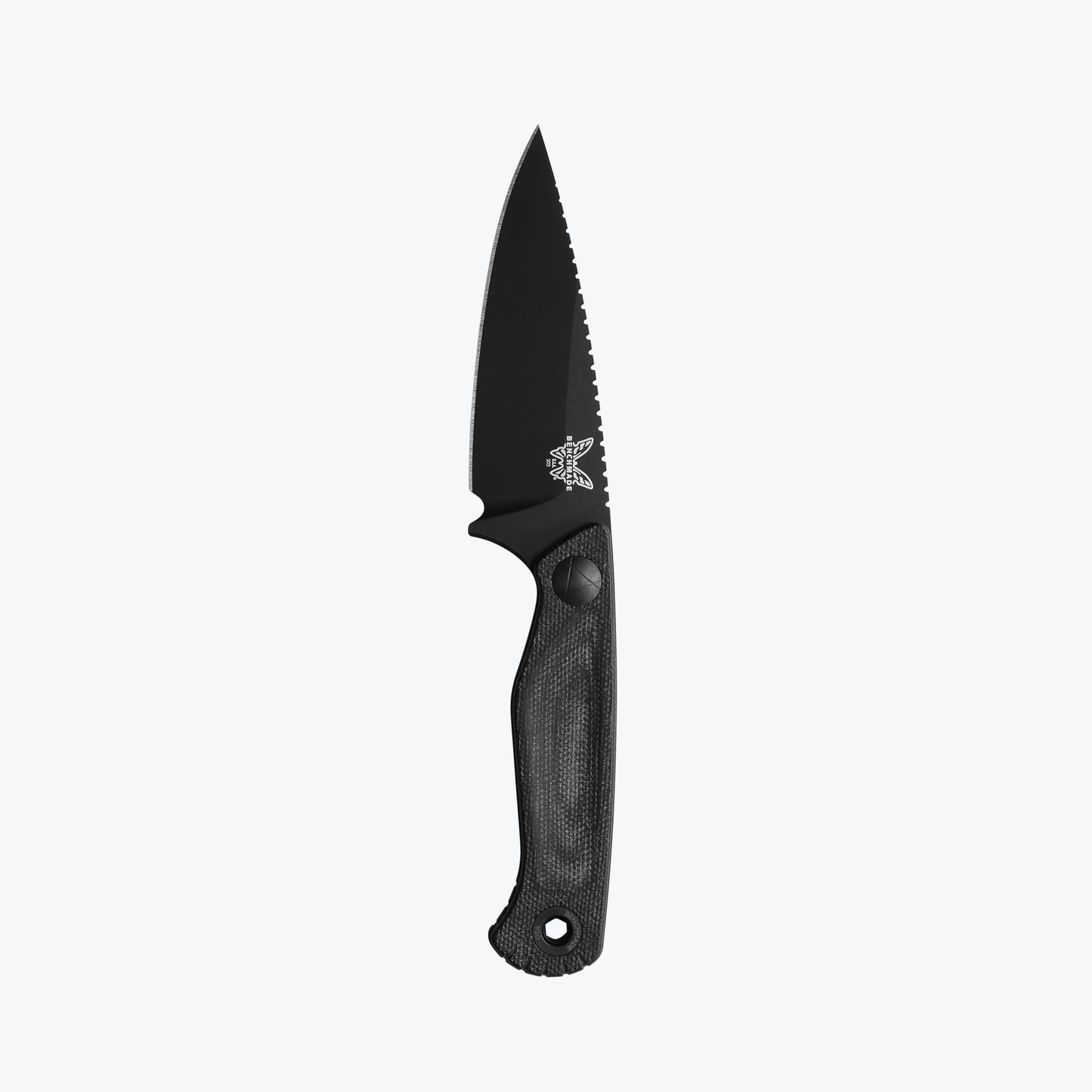 Benchmade 203BK-02 Dacian black canvas Micarta handle with deep finger grooves, full tang and lanyard hole — ClassicBlades