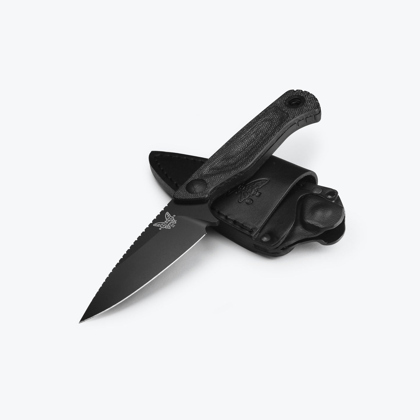 Benchmade 203BK-02 Dacian fixed blade knife with black leather scout-carry sheath and Boltaron insert — ClassicBlades