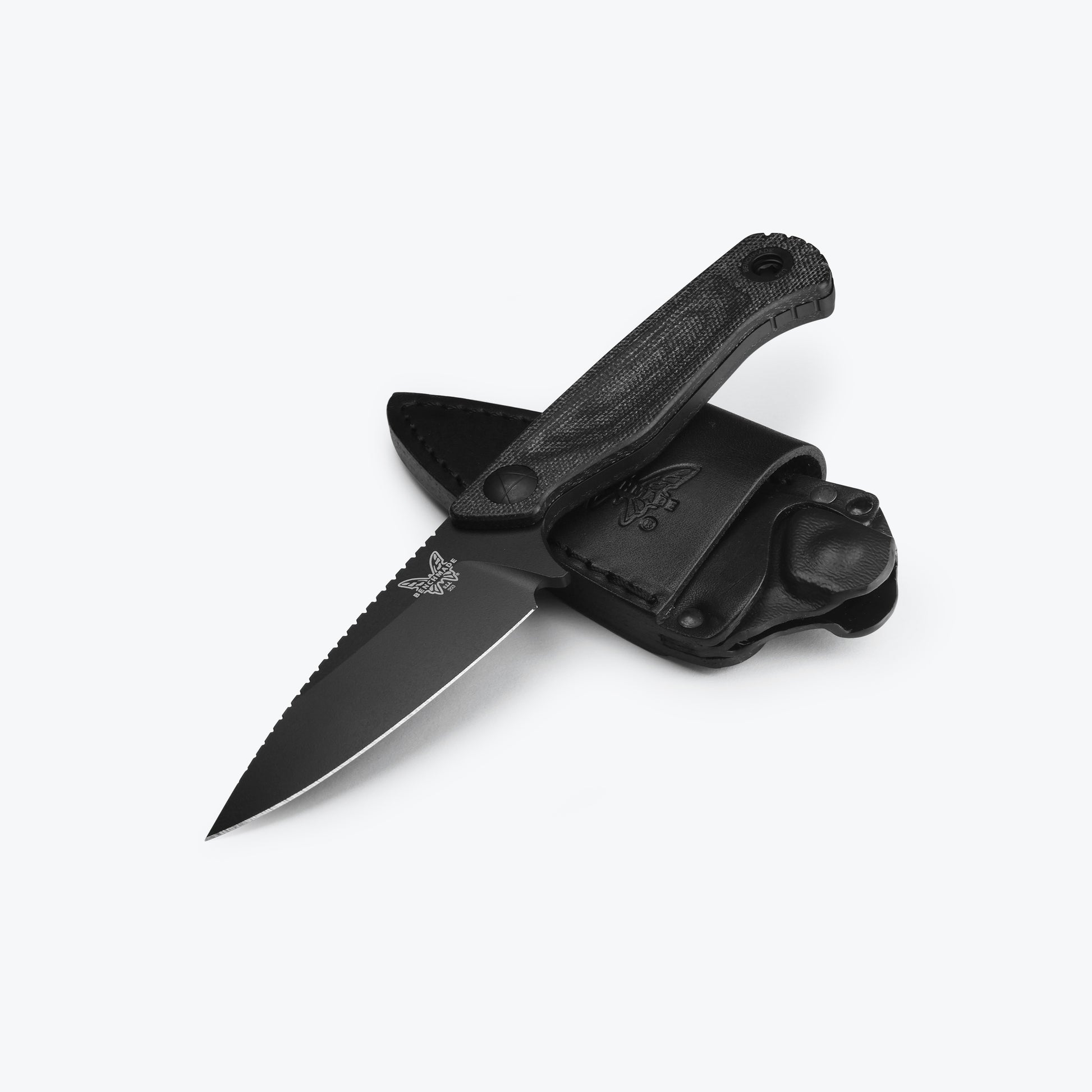 Benchmade 203BK-02 Dacian fixed blade knife with black leather scout-carry sheath and Boltaron insert — ClassicBlades