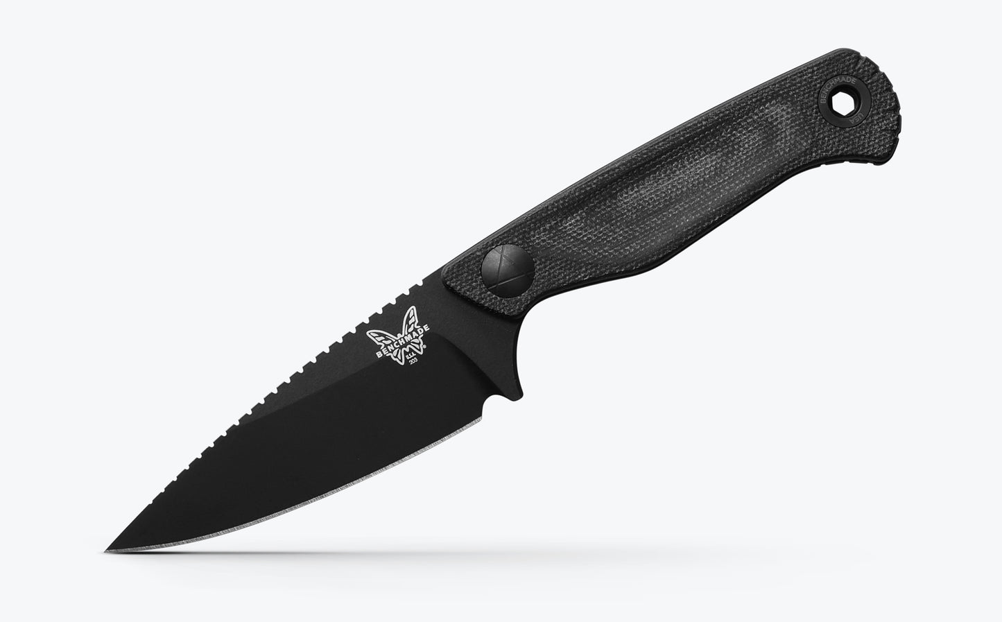 Benchmade 203BK-02 Dacian black canvas Micarta handle with deep finger grooves, full tang and lanyard hole — ClassicBlades