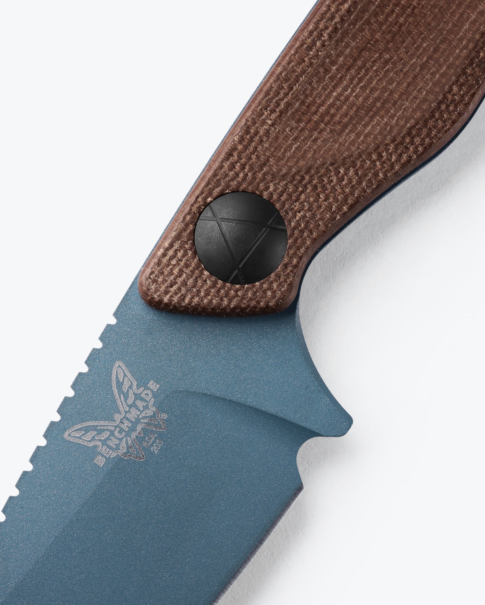 Benchmade 203BT-03 Close-up Dacian 3.54 inch CPM-MagnaCut blue titanium Cerakote spear point blade detail — ClassicBlades