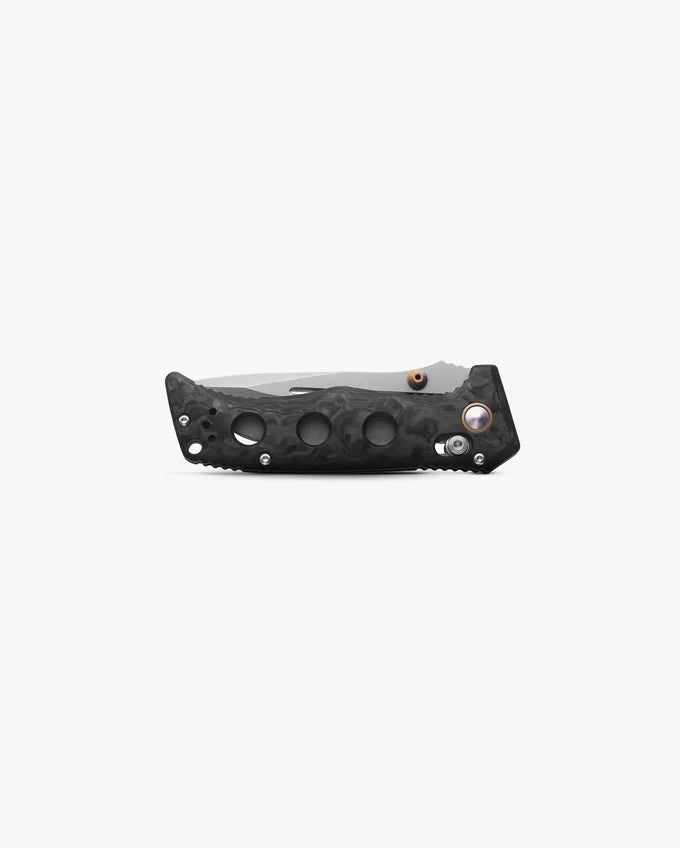 Benchmade 273-03 Mini Adamas closed showing 4.37 inch profile with marbled carbon fiber handle and FDE deep-carry clip — ClassicBlades