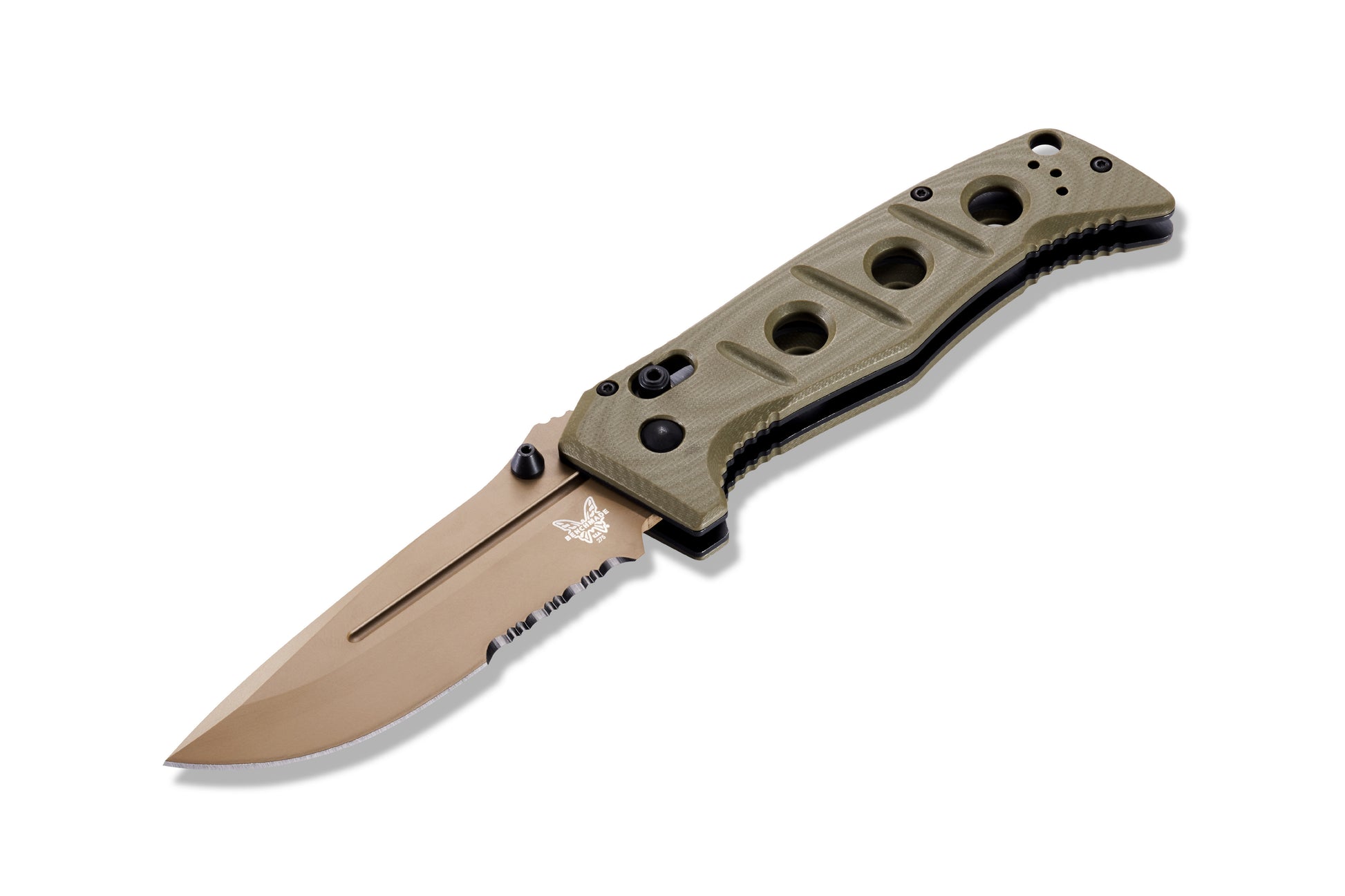 Benchmade 275SFE-2 Adamas 3.78 inch CPM-CruWear Flat Earth Cerakote partially serrated drop point blade with fullers and jimping detail —