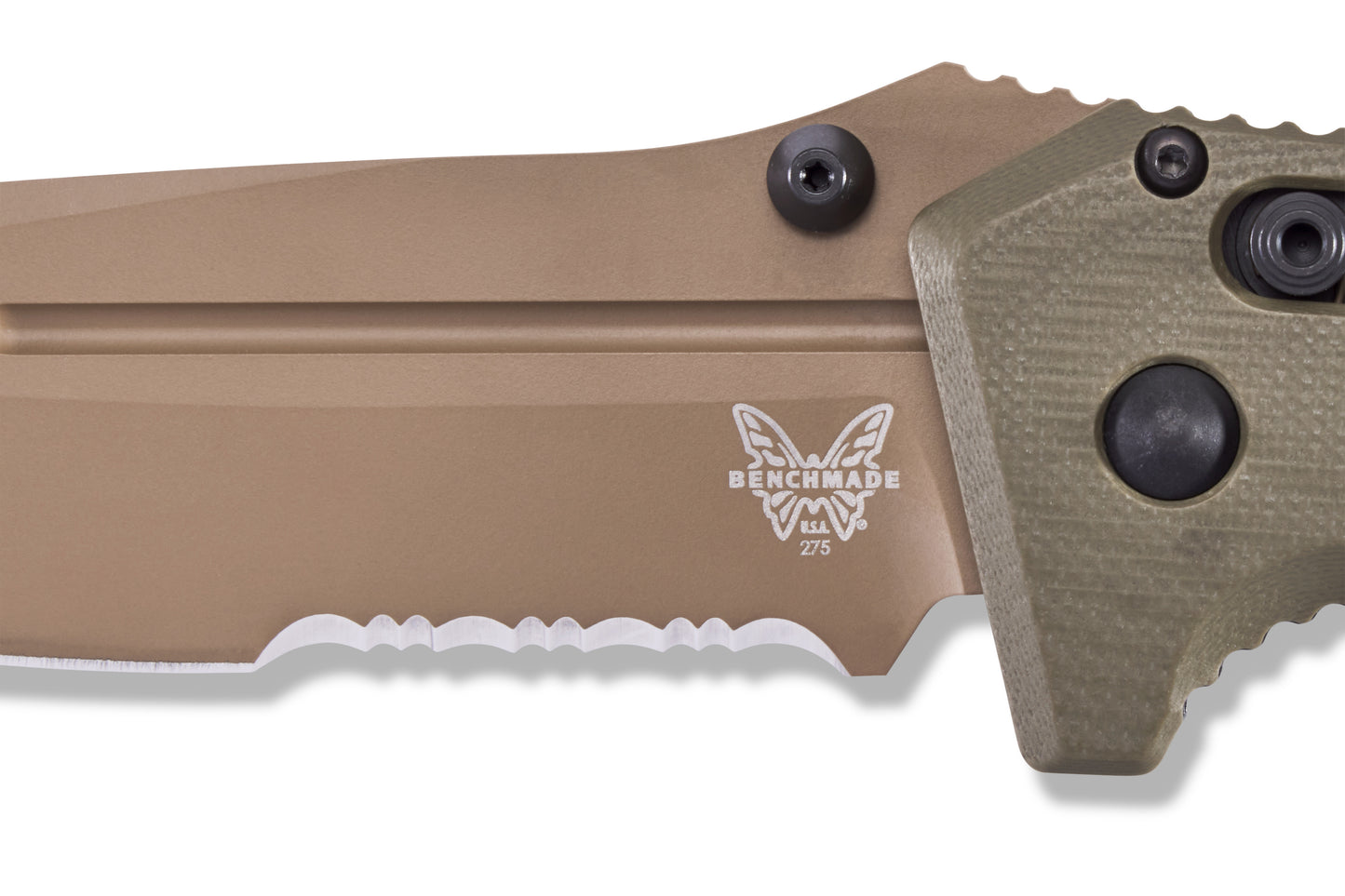 Benchmade 275SFE-2 Adamas 3.78 inch CPM-CruWear Flat Earth Cerakote partially serrated drop point blade with fullers and jimping detail close up—