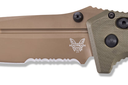 Benchmade 275SFE-2 Adamas 3.78 inch CPM-CruWear Flat Earth Cerakote partially serrated drop point blade with fullers and jimping detail close up—