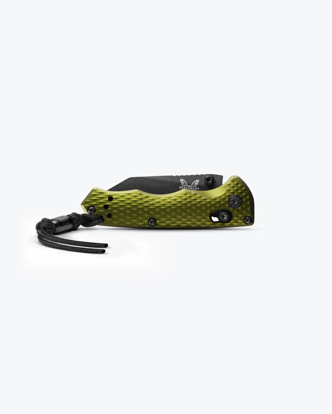 Benchmade 290BK-2 Closed Full Immunity Woodland Green anodized aluminum handle with AXIS Lock and included lanyard detail — ClassicBlades