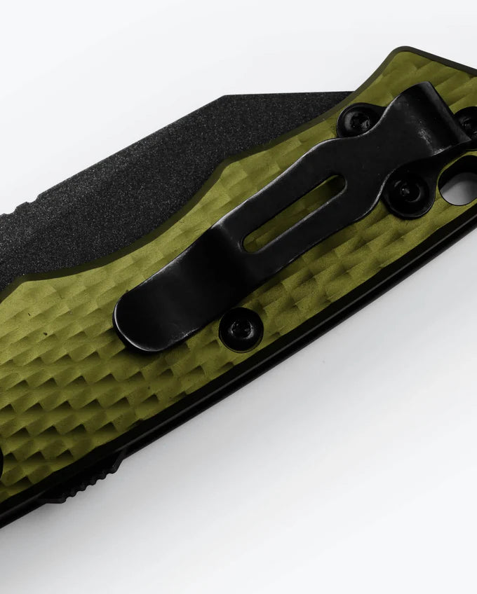 Benchmade 290BK-2 Full Immunity closed showing Woodland Green aluminum handle and mini deep-carry clip — ClassicBlades