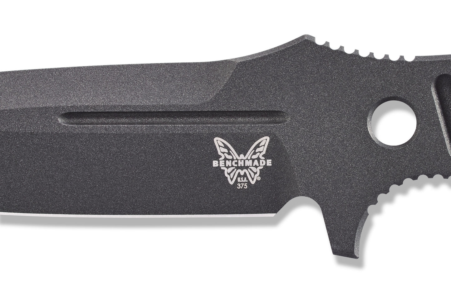 Benchmade 375BK-1 Fixed Adamas 4.20 inch CPM-CruWear Cobalt Black Cerakote drop point blade with spine jimping detail — ClassicBlades