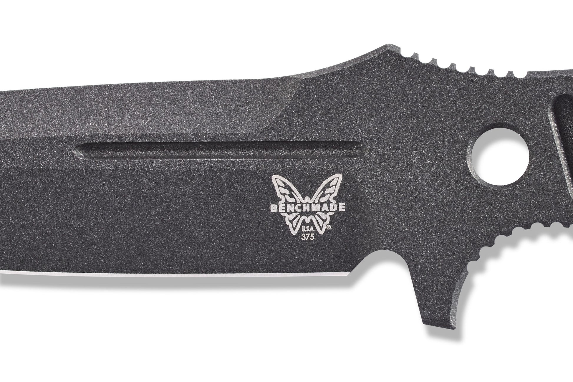 Benchmade 375BK-1 Fixed Adamas 4.20 inch CPM-CruWear Cobalt Black Cerakote drop point blade with spine jimping detail — ClassicBlades