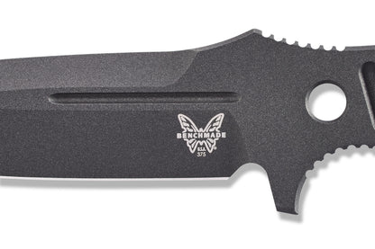 Benchmade 375BK-1 Fixed Adamas 4.20 inch CPM-CruWear Cobalt Black Cerakote drop point blade with spine jimping detail — ClassicBlades