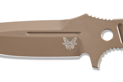 Benchmade 375FE-1 Fixed Adamas 4.20 inch CPM-CruWear Flat Earth Cerakote drop point blade close up with fuller and spine jimping detail — ClassicBlades