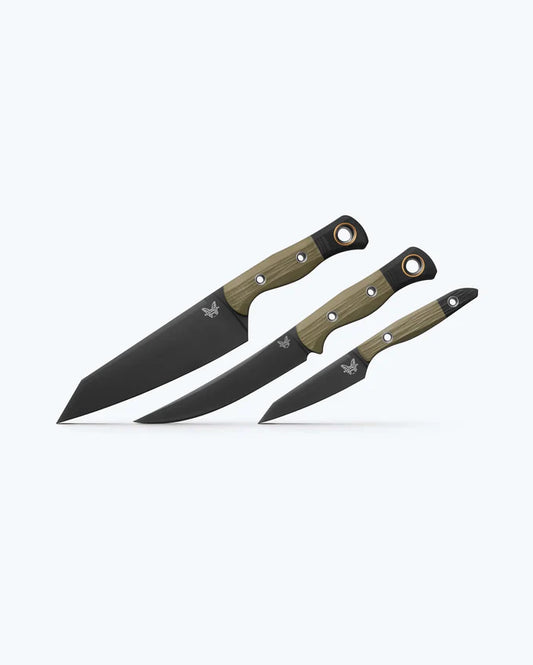 Benchmade 4005BK-01 3 piece kitchen knife set with OD green G10 handles and black DLC blades