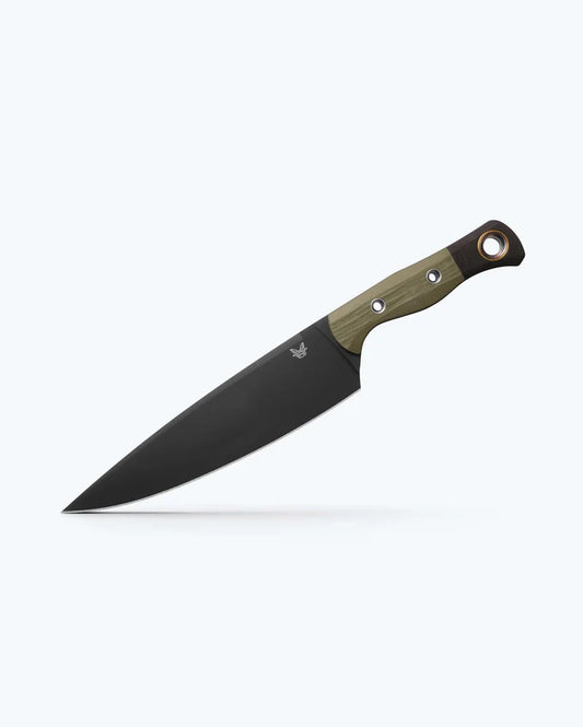Benchmade 4025BK-01 8 inch chef knife with OD green G10 handle and black DLC blade