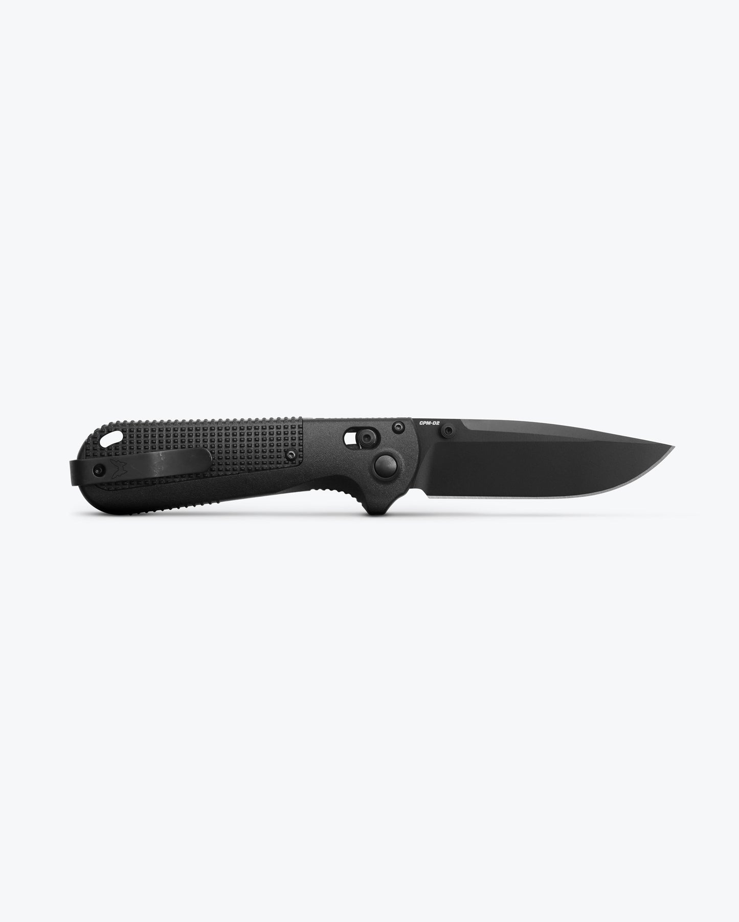 Benchmade 430BK-02 Redoubt black Grivory wrap-around handle showing aggressive checkering texture and AXIS Lock along with carry clip— ClassicBlades