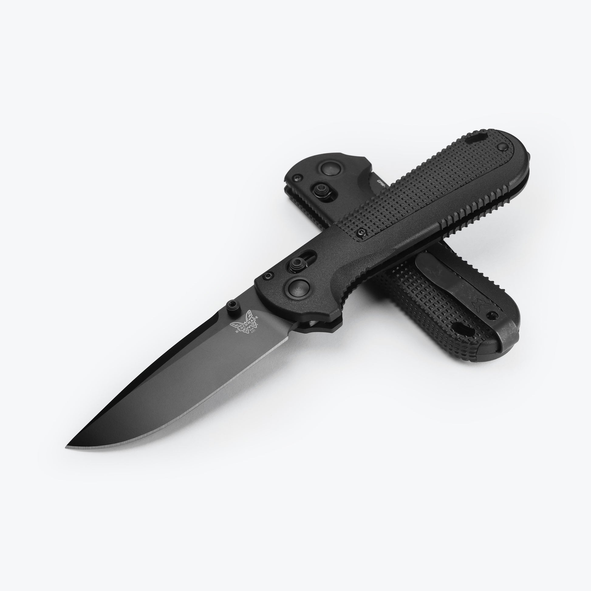 Benchmade 430BK-02 Redoubt tactical folding knife with all-black Grivory handle and Black Cerakote CPM-D2 blade — ClassicBlades