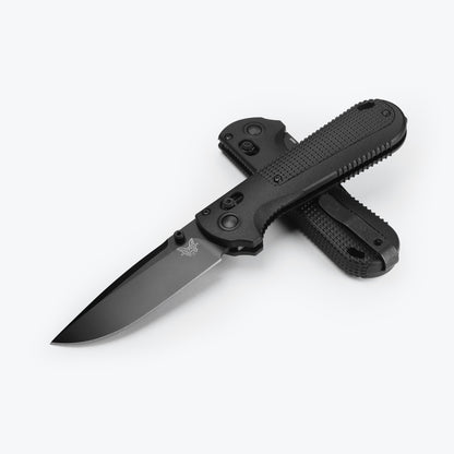 Benchmade 430BK-02 Redoubt tactical folding knife with all-black Grivory handle and Black Cerakote CPM-D2 blade — ClassicBlades