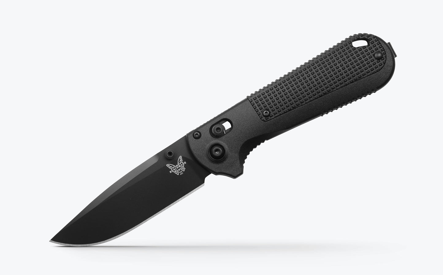 Benchmade 430BK-02 Redoubt black Grivory wrap-around handle showing aggressive checkering texture and AXIS Lock — ClassicBlades
