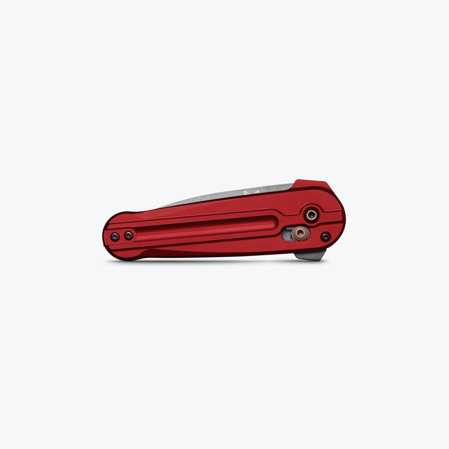 Benchmade 491GY-01 Lowden milled Phoenix Red anodized 6061-T6 aluminum handle with AXIS Lock and flipper tab shown closed— ClassicBlades