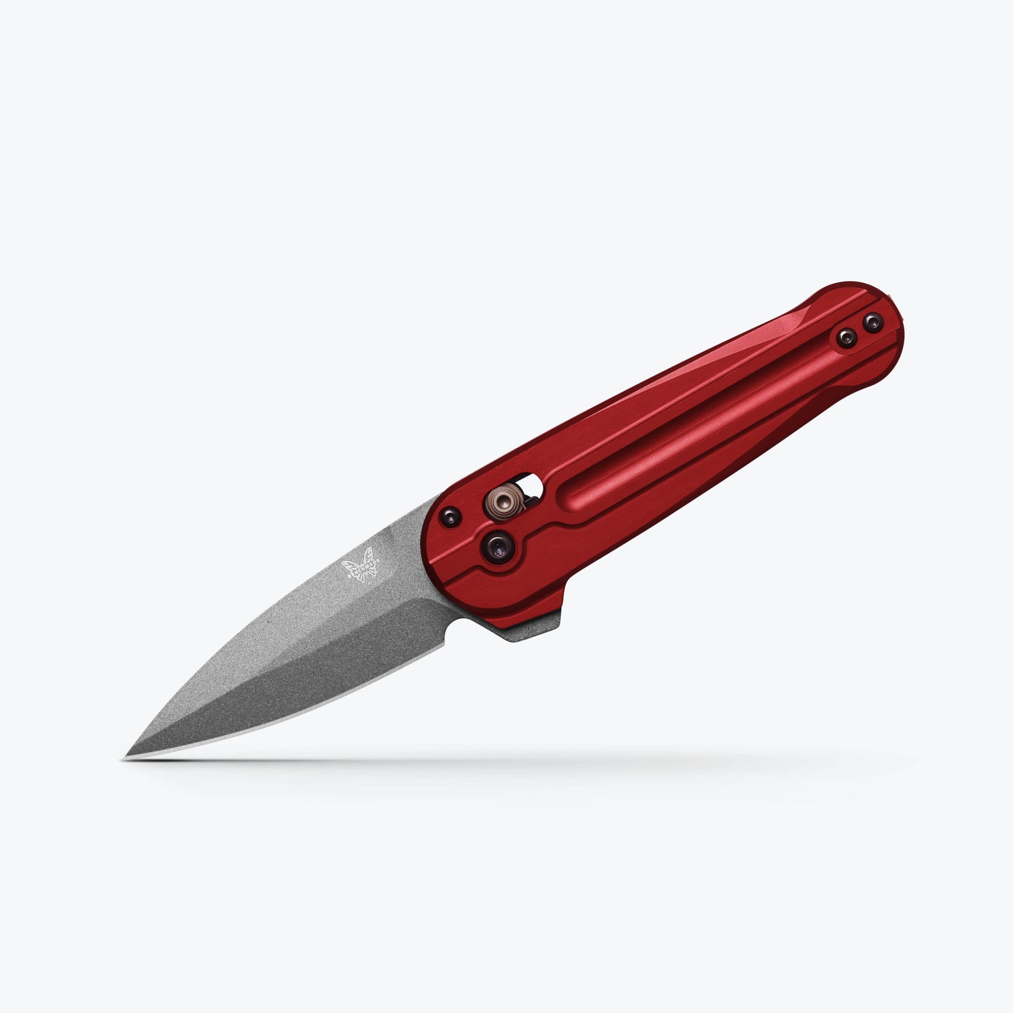 Benchmade 491GY-01 Lowden 2.79 inch M390 gray Cerakote spear point blade with flat grind and spine swedge detail — ClassicBlades