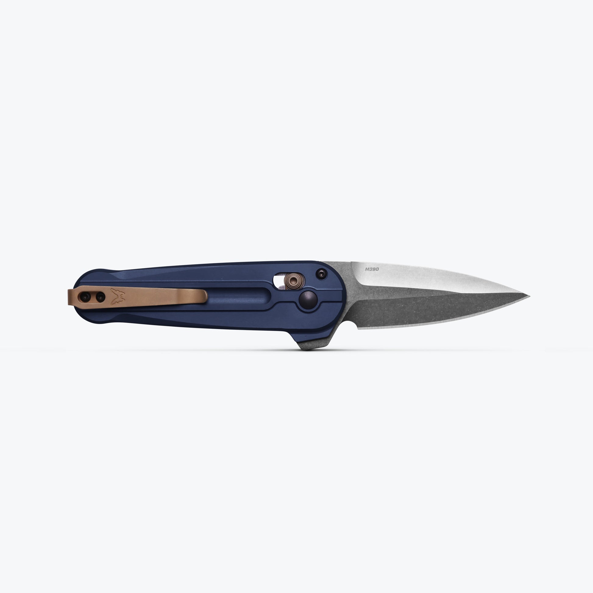 Benchmade 491 Lowden AXIS Lock flipper knife open with crater blue aluminum handle and FDE pocket clip — ClassicBlades