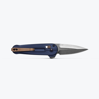 Benchmade 491 Lowden AXIS Lock flipper knife open with crater blue aluminum handle and FDE pocket clip — ClassicBlades