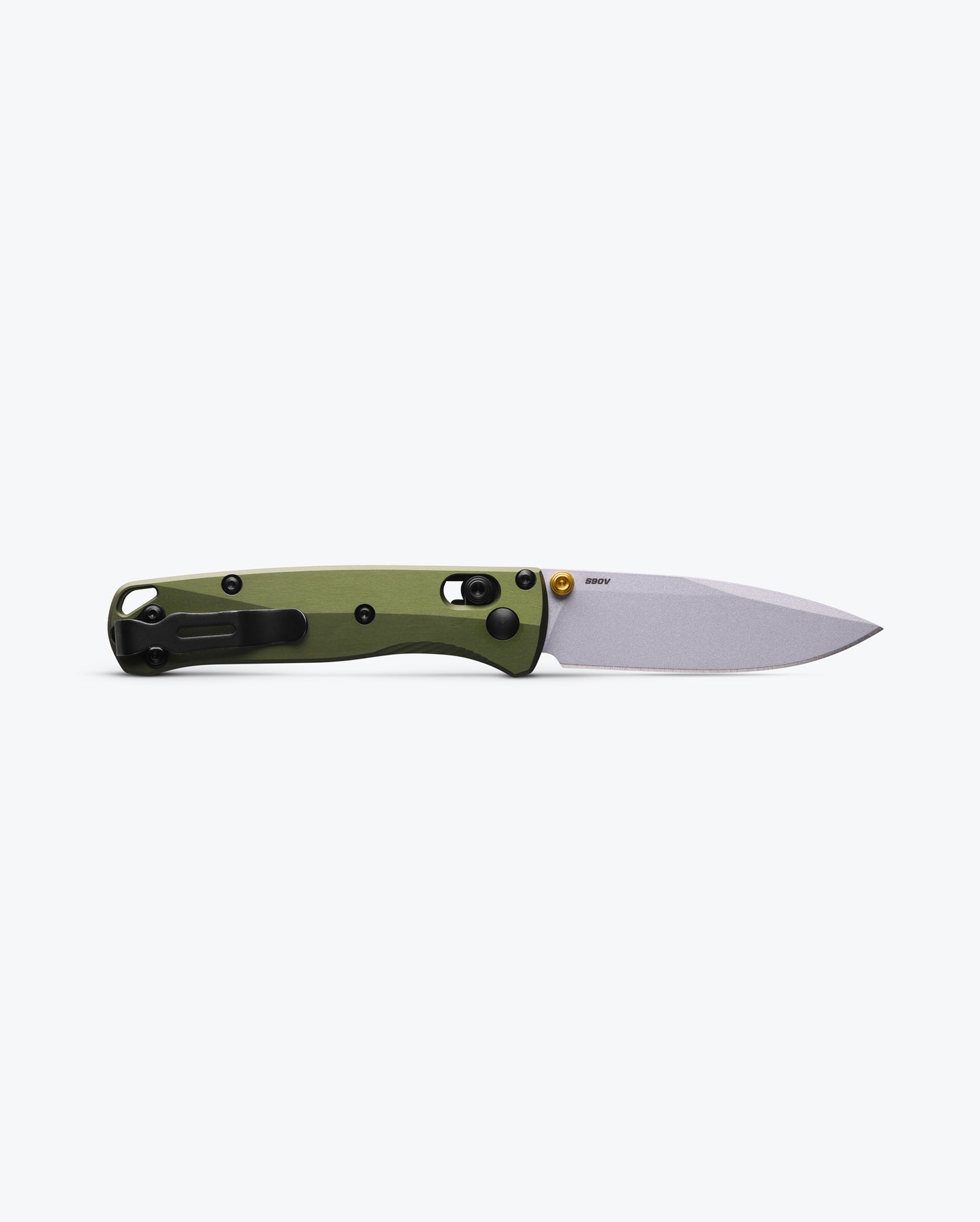 Benchmade 533SL-10 Mini Bugout woodland green aluminum handle with gold anodized thumb stud and barrel spacer detail — ClassicBlades