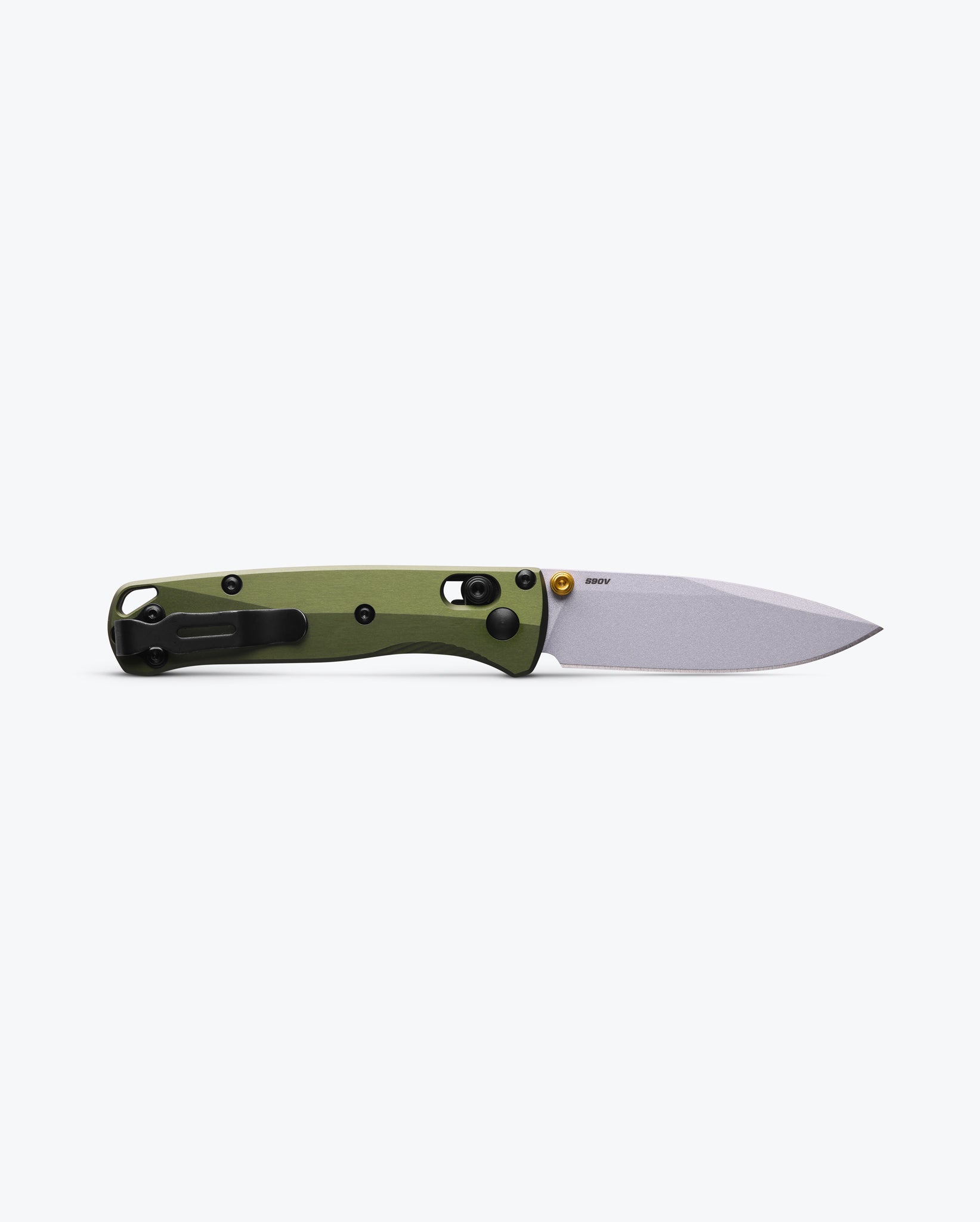 Benchmade 533SL-10 Mini Bugout woodland green aluminum handle with gold anodized thumb stud and barrel spacer detail — ClassicBlades