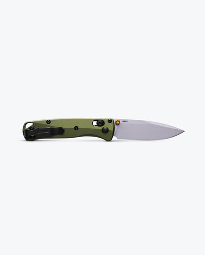 Benchmade 533SL-10 Mini Bugout woodland green aluminum handle with gold anodized thumb stud and barrel spacer detail — ClassicBlades