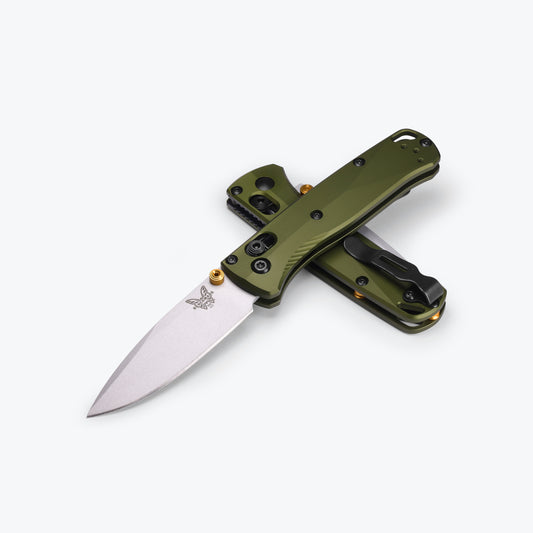 Benchmade 533SL-10 Mini Bugout folding knife with woodland green aluminum handle and gold anodized accents — ClassicBlades