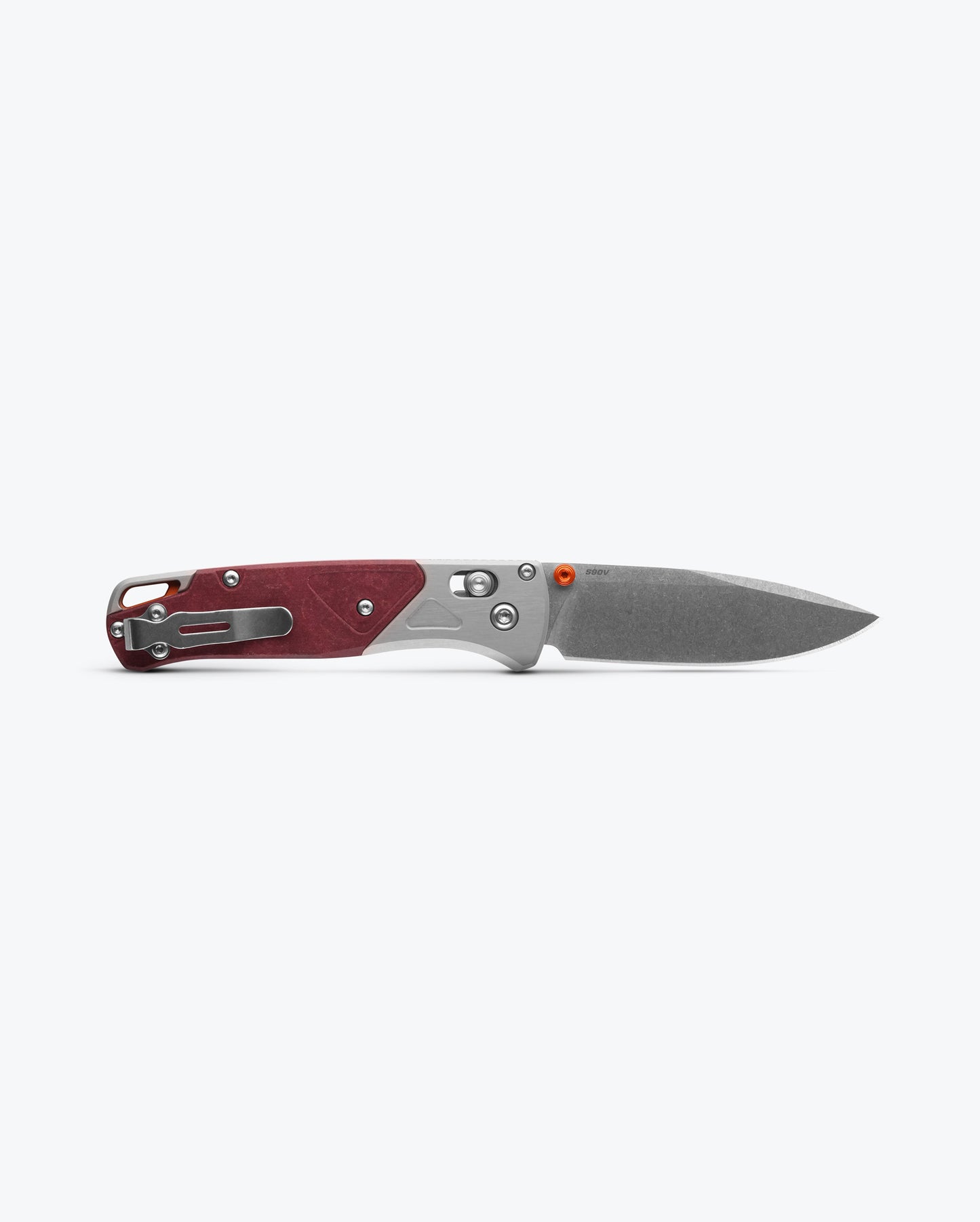 Benchmade 535-09 Bugout gray aluminum and Redstone Richlite handle with orange anodized thumb stud and backspacer detail — ClassicBlades